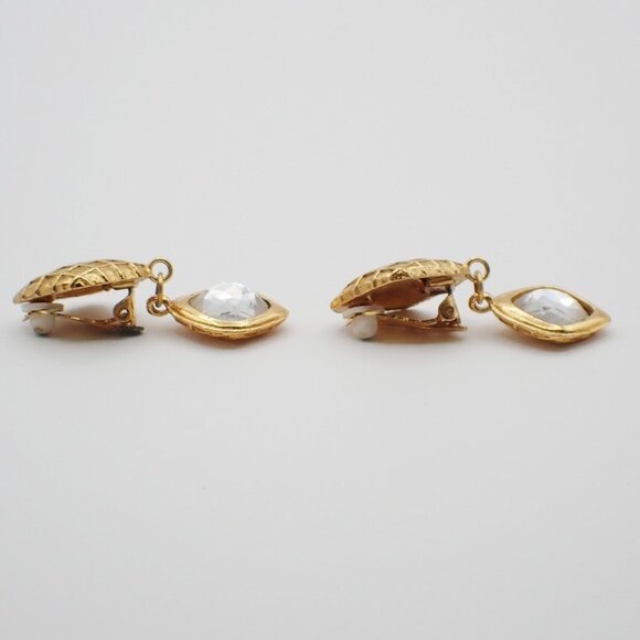CHANEL Matelasse Diamond Shape Drop Earrings Rhinestone Clip-On Gold - Picture 2 of 10